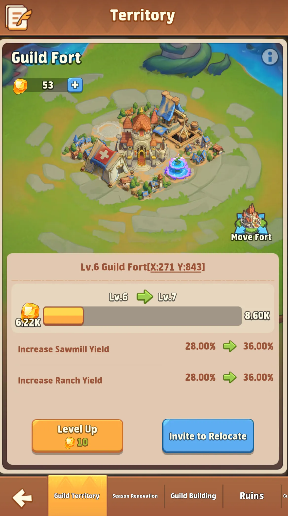 Guild Fort territory screen showing a Lv.6 fort with sawmill and ranch yield buffs